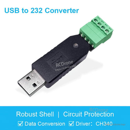 USB to RS232 converter dongle with green screw terminal, text 'USB to 232 Converter'