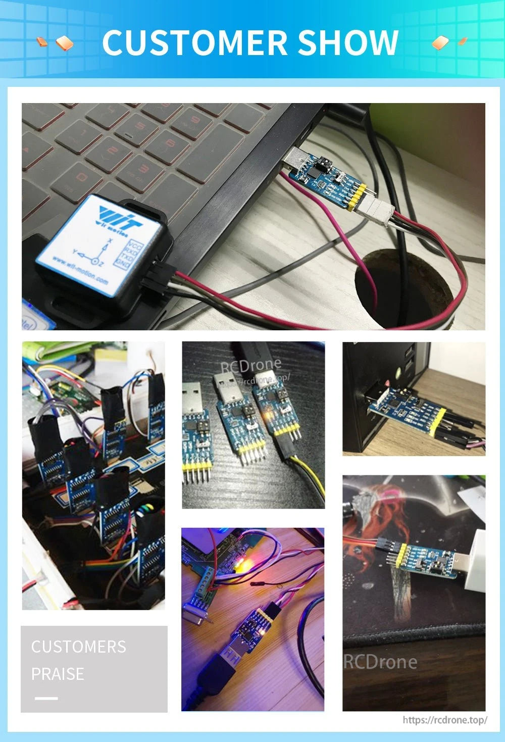 Customer setup collage showing USB serial converter module connected to electronics and wires