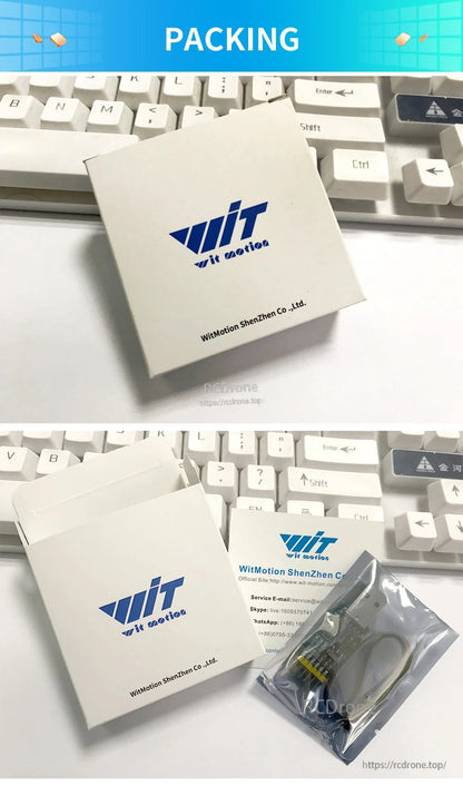 WitMotion product packaging box and module in plastic bag on desk keyboard background