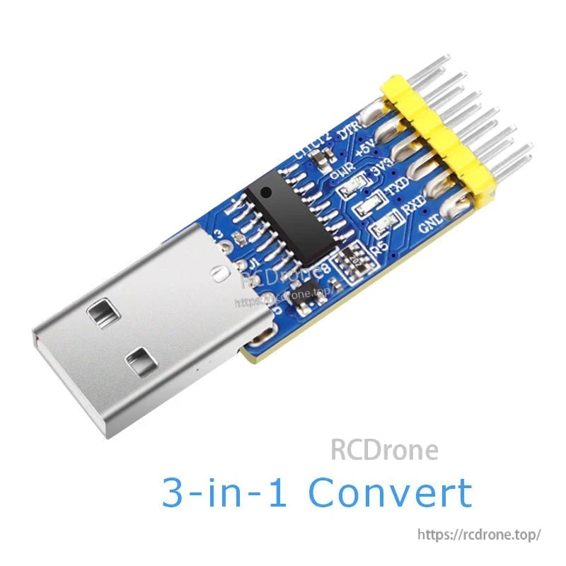 USB serial converter board labeled '3-in-1 Convert' with pin header side view