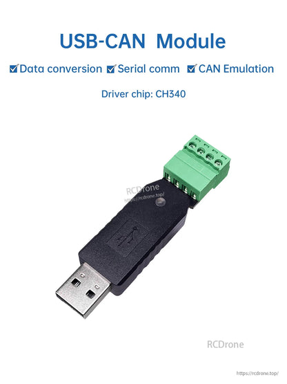 USB-CAN module product graphic showing USB dongle and green terminal block, driver text shown