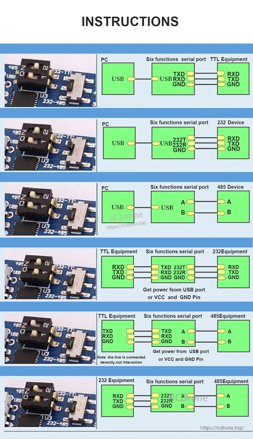 Wiring instructions diagram for 6-in-1 serial modes: USB-TTL, USB-RS232, USB-RS485, TTL-232/485