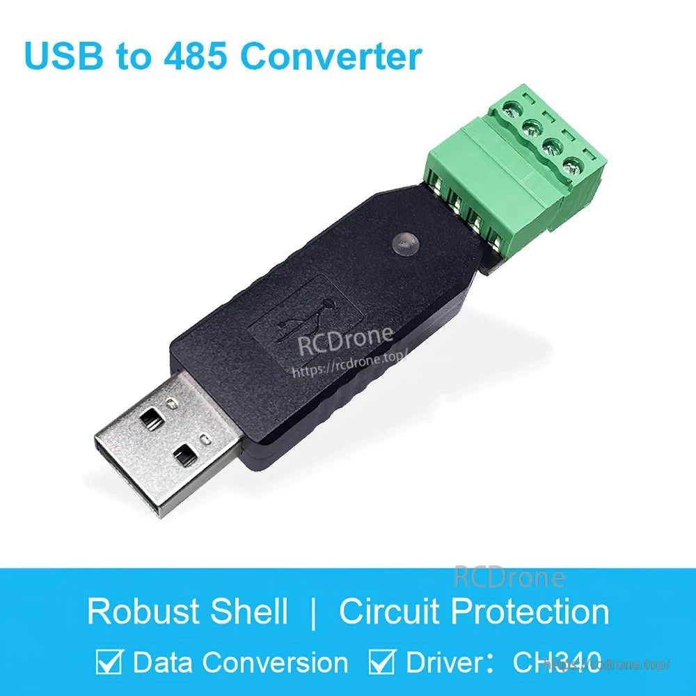 USB to RS485 converter dongle with green screw terminal, text 'USB to 485 Converter'