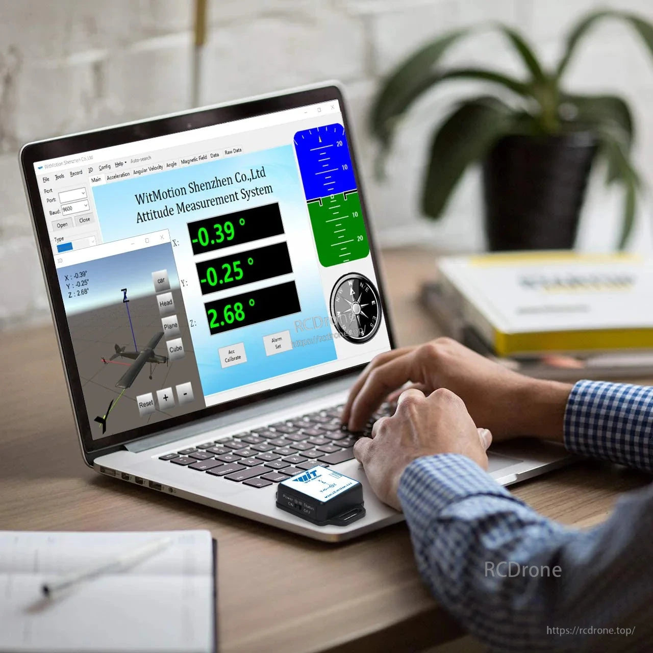 WitMotion's system shows real-time pitch, roll, and yaw using a 9-axis IMU, Bluetooth, Kalman filter, and PC software for monitoring and calibration.