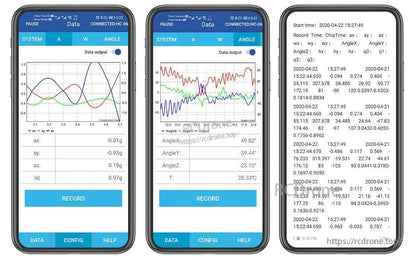 9-axis IMU with Bluetooth provides real-time acceleration, angle, and temperature data. Features Kalman filter, 0.2–200Hz output, app/PC compatibility, detailed readings, and timestamped logs.