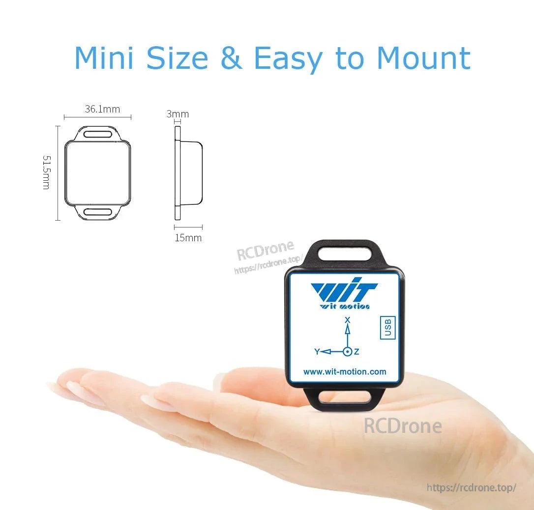 Compact 9-axis IMU with Bluetooth, Kalman filter, 0.2–200Hz, USB, easy mounting, app/PC compatible.
