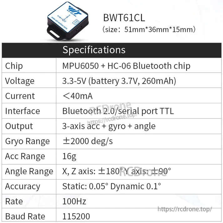 The WitMotion BWT61CL IMU features MPU6050, Bluetooth, 3.3-5V, low power, 3-axis sensors, high gyro/acc range, 0.05° accuracy, 100Hz rate, and 115200 baud.