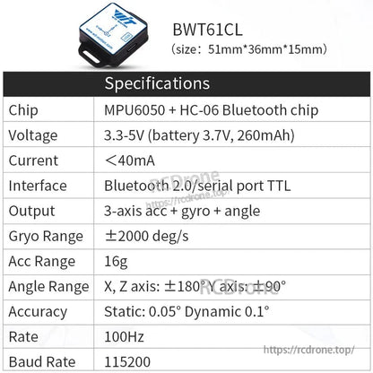 The WitMotion BWT61CL IMU features MPU6050, Bluetooth, 3.3-5V, low power, 3-axis sensors, high gyro/acc range, 0.05° accuracy, 100Hz rate, and 115200 baud.