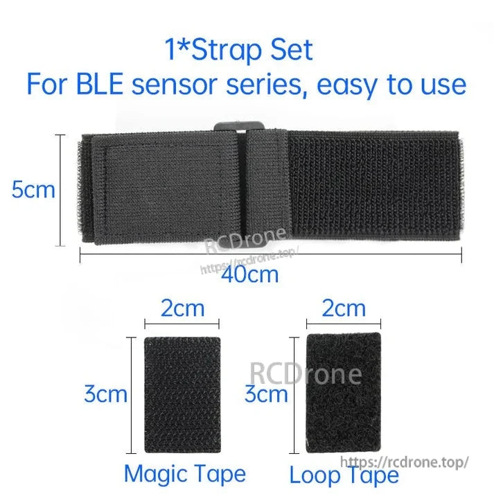 Strap set for BLE sensors, 40cm x 5cm, includes 3cm x 2cm hook and loop tape.