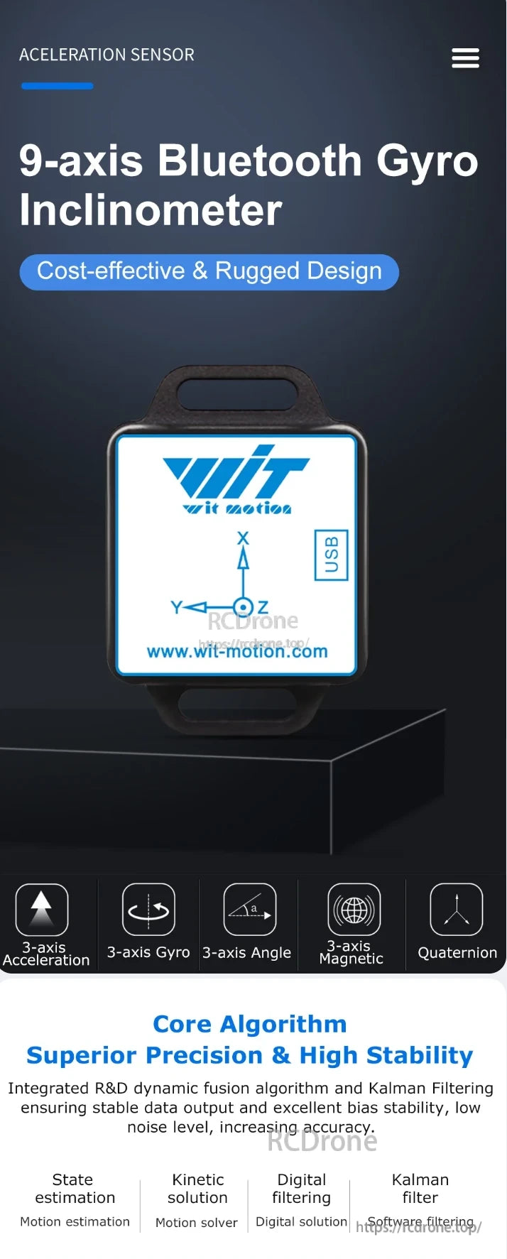 WitMotion BWT901CL IMU, A cost-effective, rugged 9-axis Bluetooth gyro inclinometer offering high precision through Kalman filtering and dynamic fusion, with 3-axis acceleration, gyro, angle, magnetic, and quaternion data.