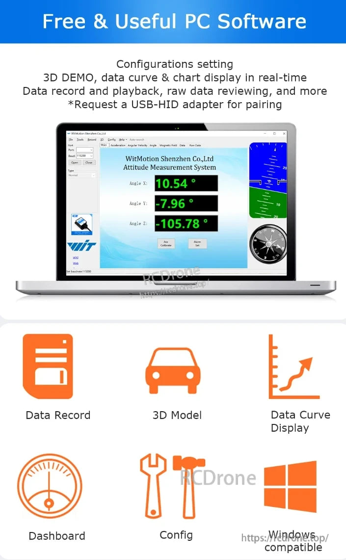 WitMotion BWT901CL IMU, Free WitMotion IMU software offers real-time 3D demo, data display, recording, playback, and configuration on Windows with USB-HID adapter.