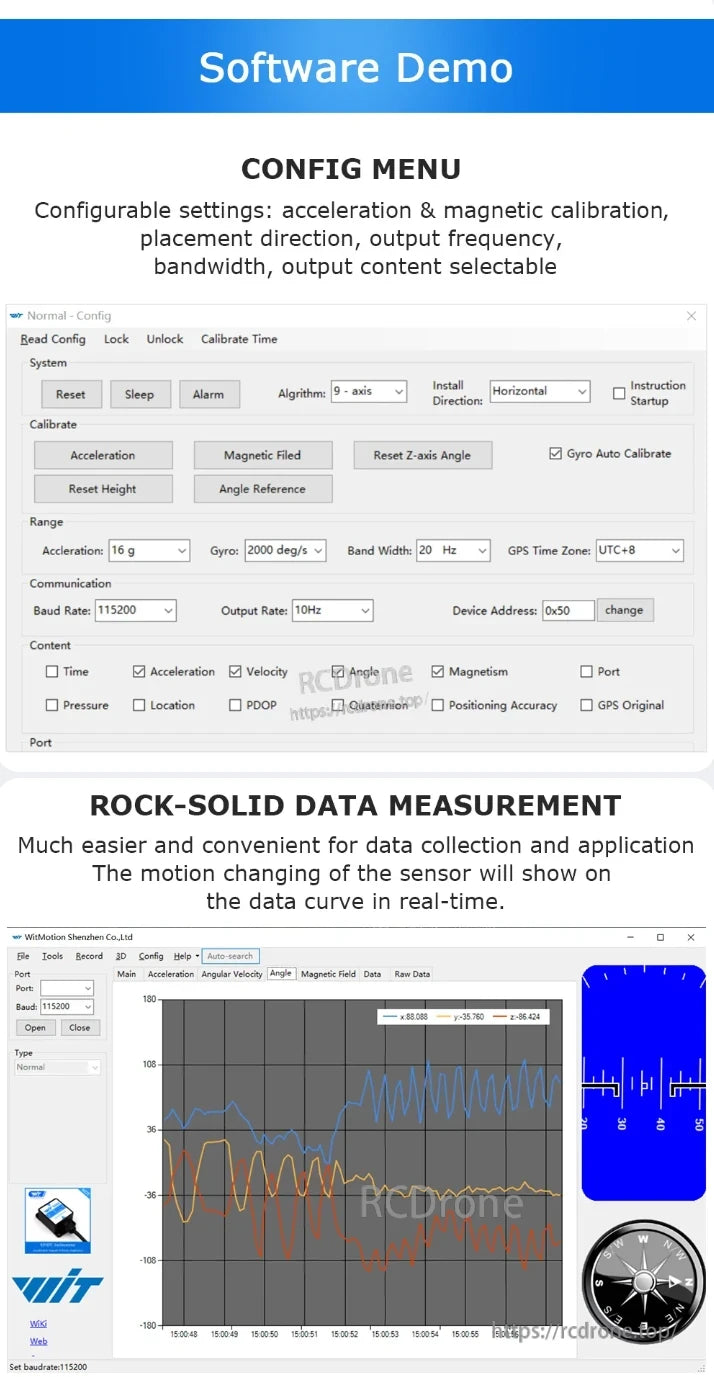 WitMotion BWT901CL IMU demo offers configurable settings for acceleration, magnetic calibration, real-time data, motion curves, compass, sensor data, and customizable output.