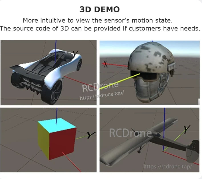 WitMotion BWT901CL IMU, A 3D demo visualizes sensor motion using car, helmet, cube, and aircraft models; source code is available.