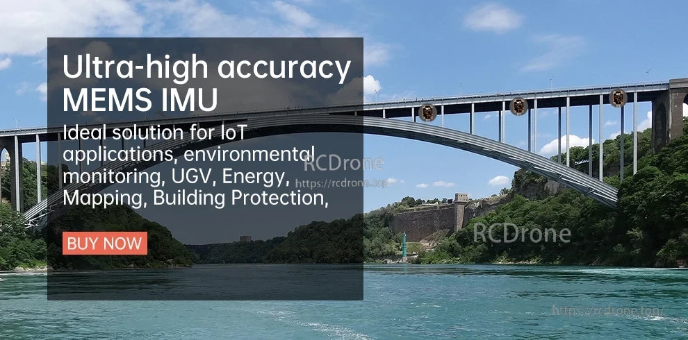 Ultra-high accuracy MEMS IMU banner highlighting IoT, UGV, mapping, energy and building protection uses