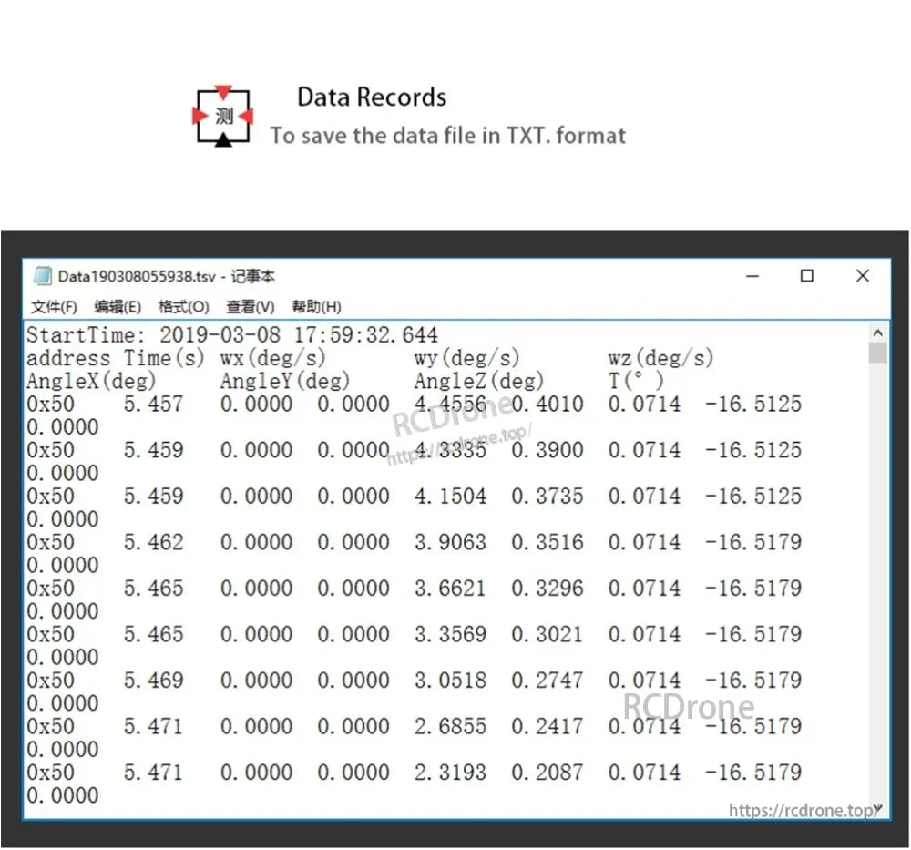 Data records screen showing TXT log output with time and motion/angle columns for saving measurements