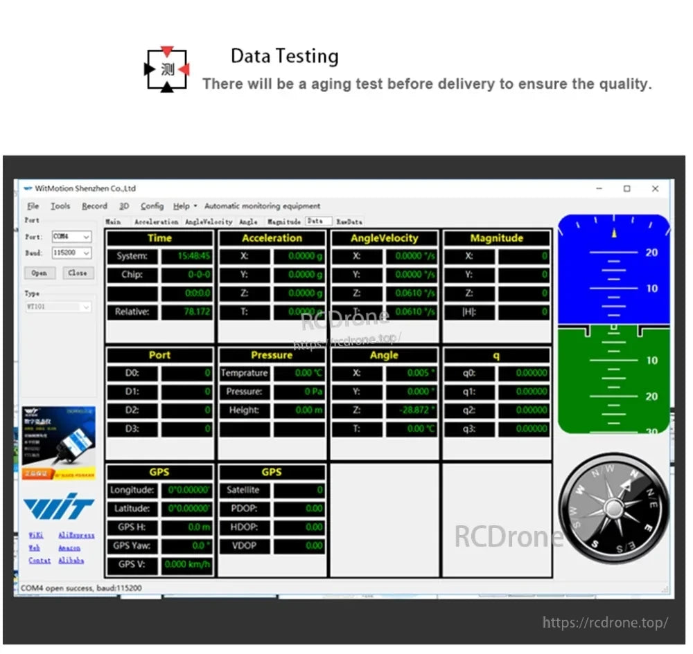 PC software data testing screen showing time, acceleration, angle/velocity fields and instrument display