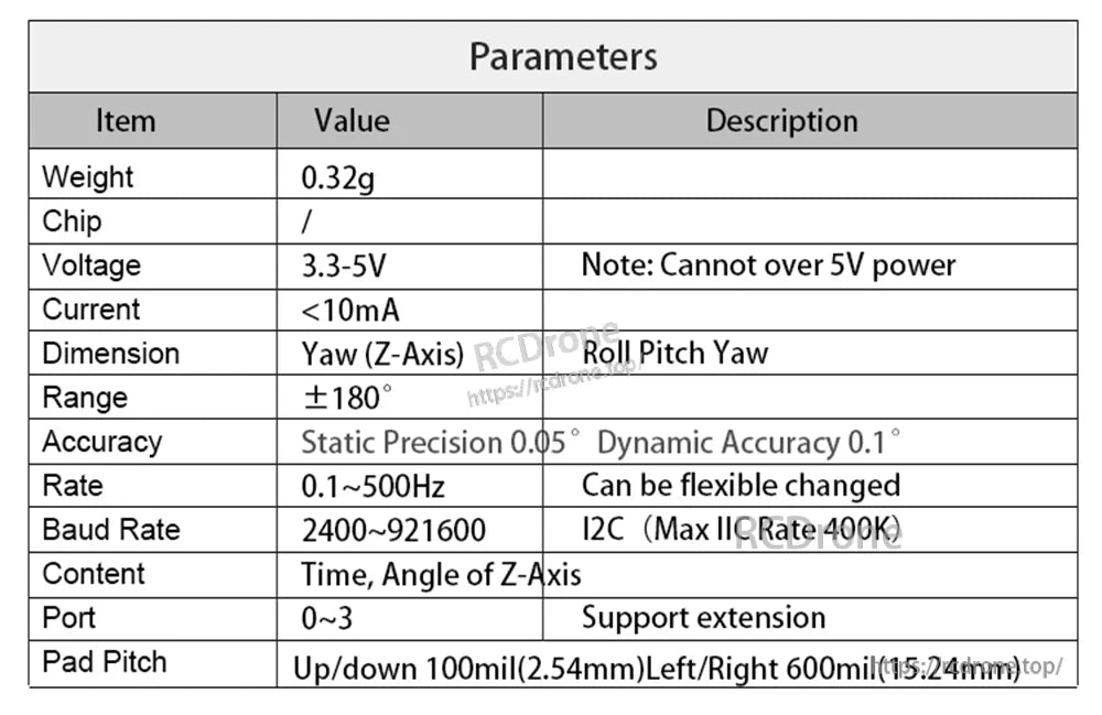 HWT101 parameters table listing accuracy, baud rate, I2C max 400K, return rate, range and output content