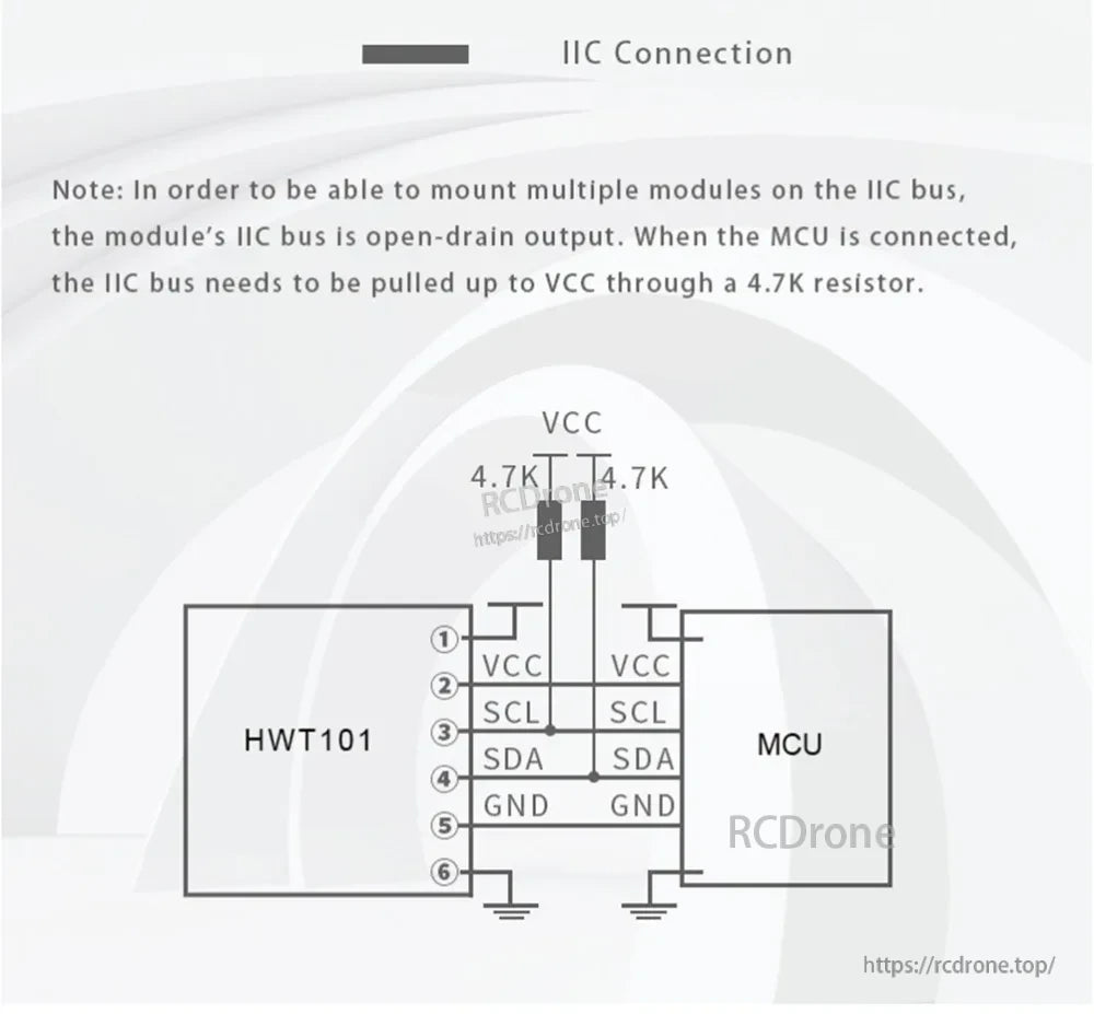 I2C connection diagram for HWT101 with required 4.7K pull-up resistors to VCC on SCL and SDA lines