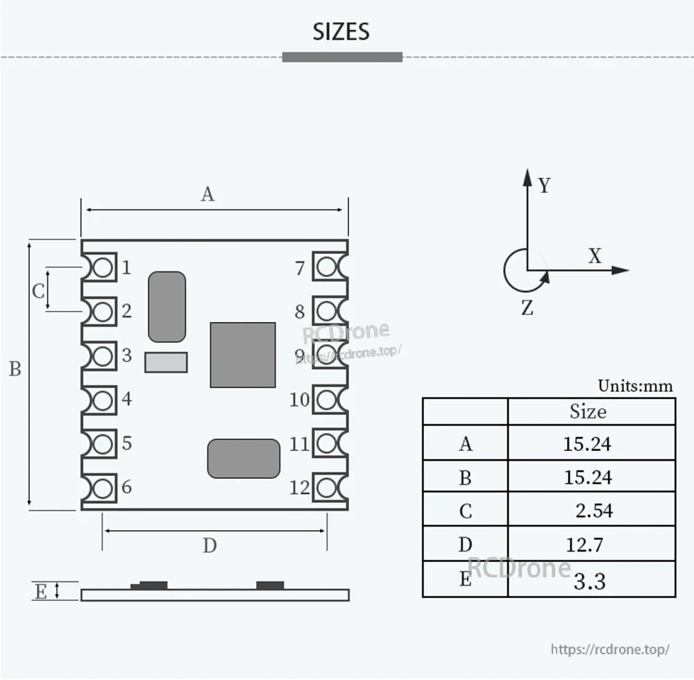 Mechanical dimensions drawing for HWT101 module (15.24×15.24mm) with pad pitch and axis orientation