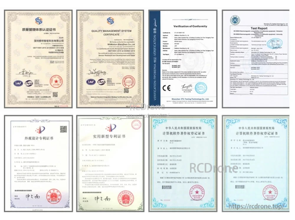 Collage of manufacturer documents and certificates for WitMotion products, including test and conformity pages