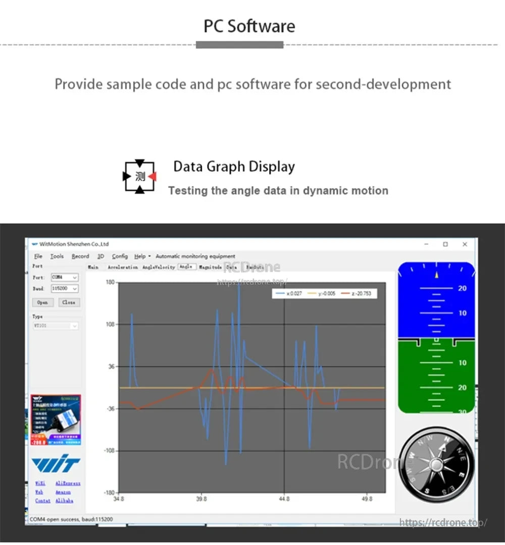 PC software screenshot with data graph display for dynamic angle testing and visualization tools