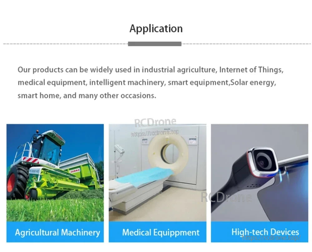 Application collage showing agricultural machinery, medical equipment and high-tech devices use cases
