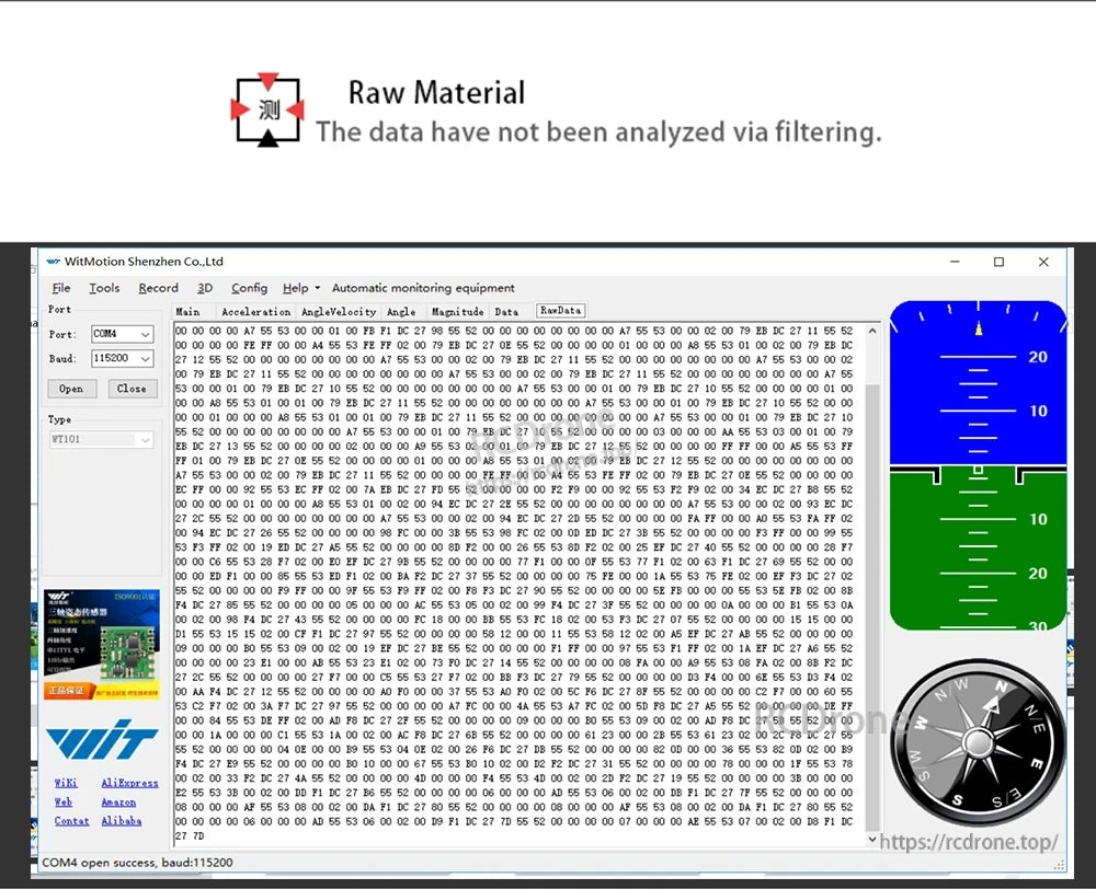 Raw material data screen showing unfiltered output values in PC software with instrument sidebar