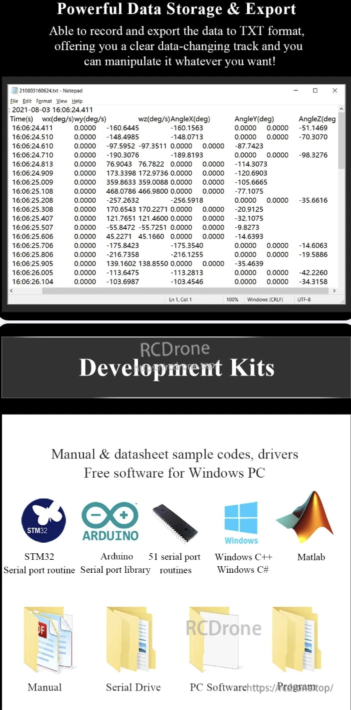 WitMotion HWT101CT Inclinometer, Powerful data storage and TXT export. Includes development kits, manuals, sample codes, drivers, and free software for Windows, supporting STM32, Arduino, C++, and Matlab.