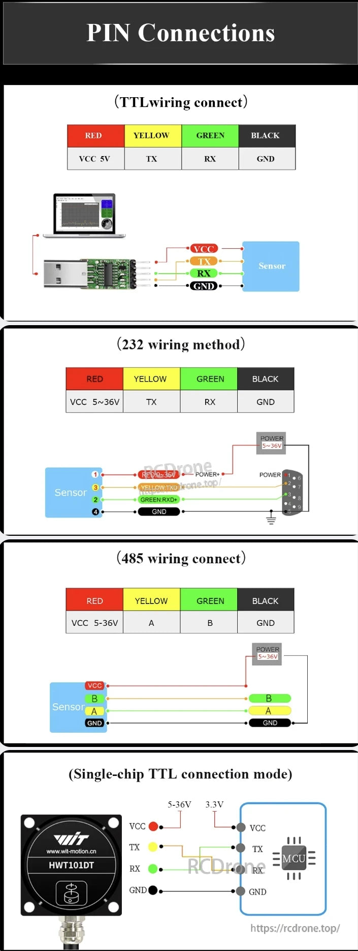 WitMotion HWT101CT Inclinometer, WitMotion HWT101DT inclinometer pin connections for TTL, 232, 485, and single-chip TTL modes. Wiring diagrams show color-coded pins: red (VCC), yellow (TX/A), green (RX/B), black (GND). Voltage: 5-36V.