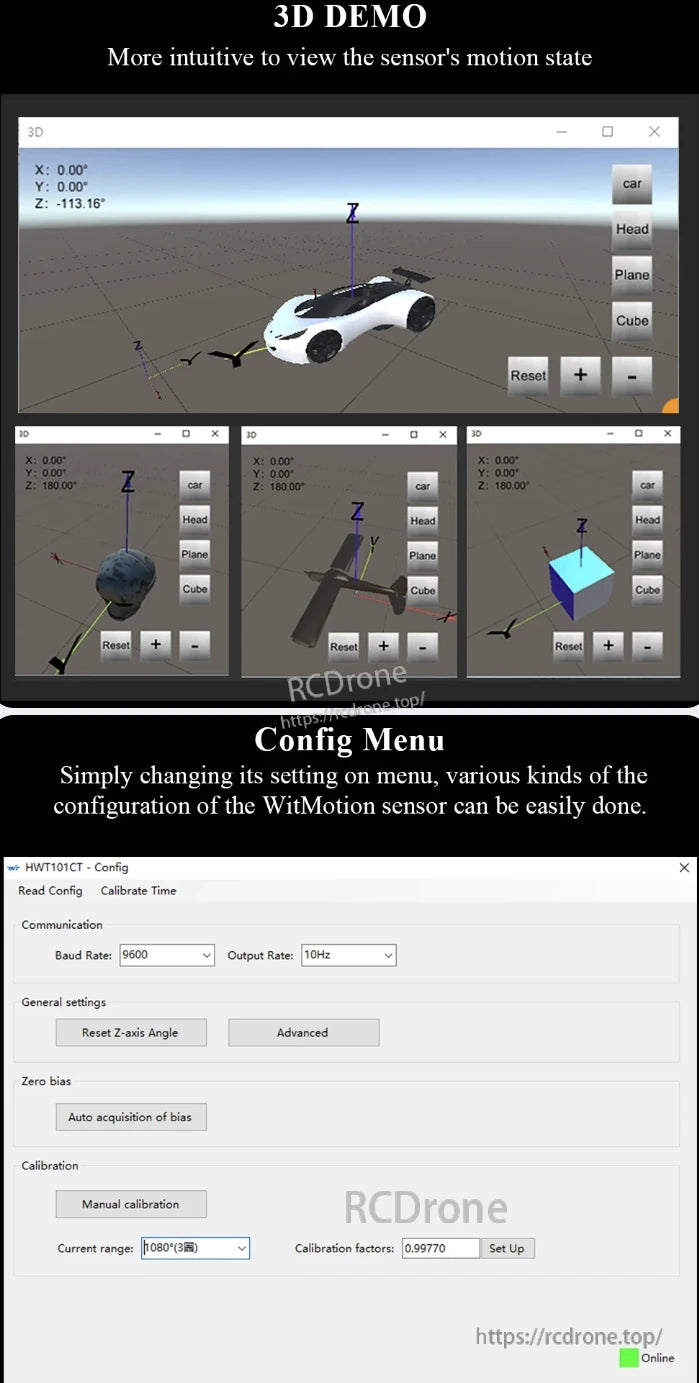 WitMotion HWT101CT Inclinometer, The 3D demo visually demonstrates sensor motion using car, head, plane, and cube models. The configuration menu simplifies setting up WitMotion sensor parameters such as baud rate, output rate, calibration, and bias adjustment.