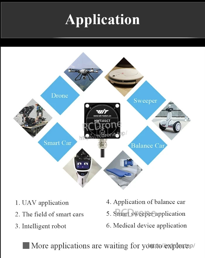 WitMotion HWT101CT inclinometer used in drones, sweepers, smart cars, balance cars, robots, and medical devices. Additional applications exist.