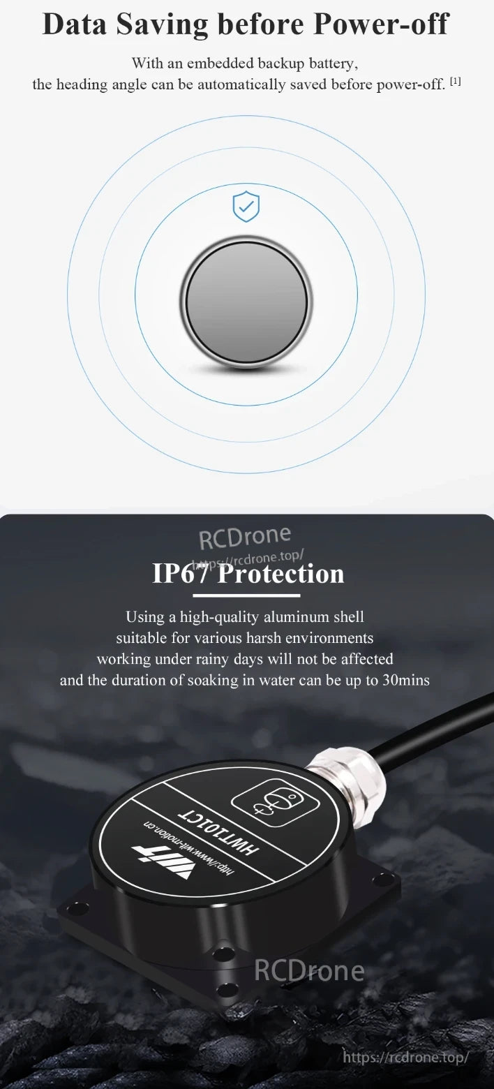 The WitMotion HWT101CT inclinometer features data saving, backup battery, IP67 protection, reliable performance in harsh conditions, and 30-minute water resistance.