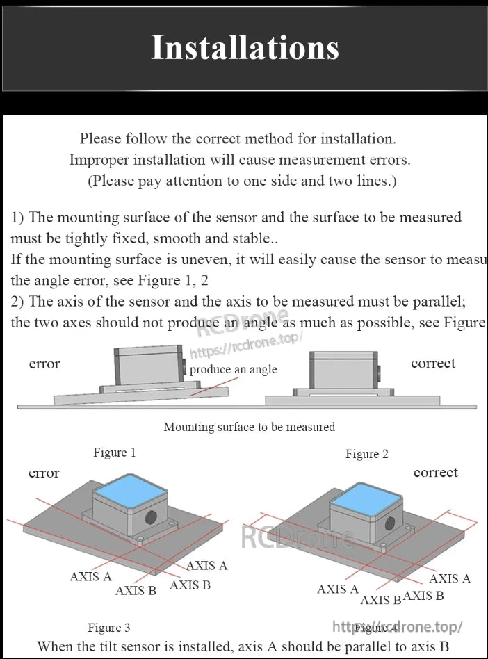 WitMotion HWT101CT Inclinometer, Install the sensor on a stable surface, aligning its axis with the measured axis. Ensure Axis A is parallel to Axis B to prevent angular misalignment and ensure accurate tilt measurements.