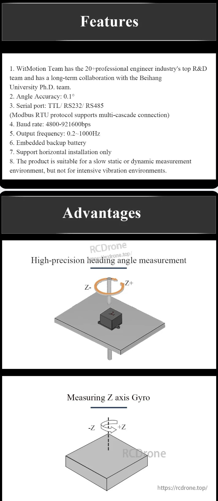 The WitMotion HWT101CT inclinometer provides 0.1° accuracy, multiple serial ports, built-in battery, and supports horizontal installation in static/dynamic environments with Z-axis gyro measurement.