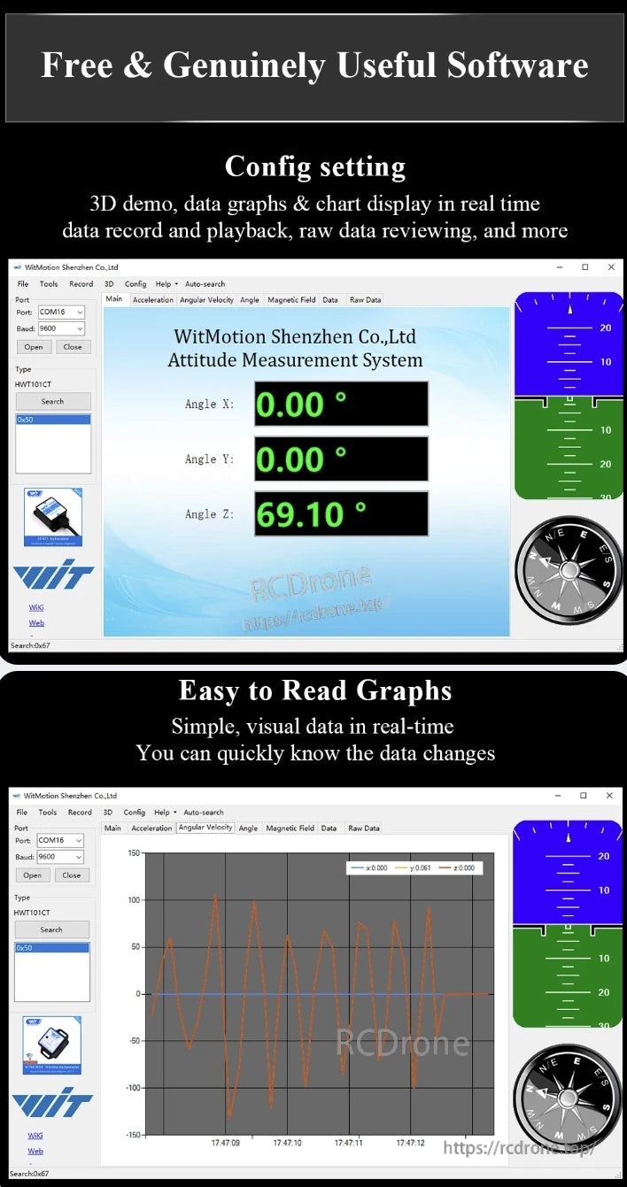 The WitMotion HWT101CT inclinometer software provides real-time 3D data visualization, angle measurement, graph display, and data recording with an intuitive interface.