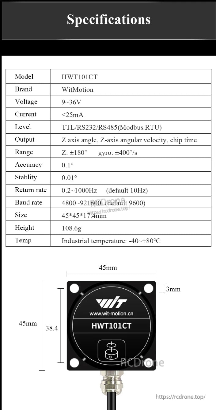 WitMotion HWT101CT inclinometer: 9-36V, <25mA, TTL/RS232/RS485, ±180° Z-axis angle/angular velocity, 0.1° accuracy, 45×45×17.4mm, -40~+80°C.
