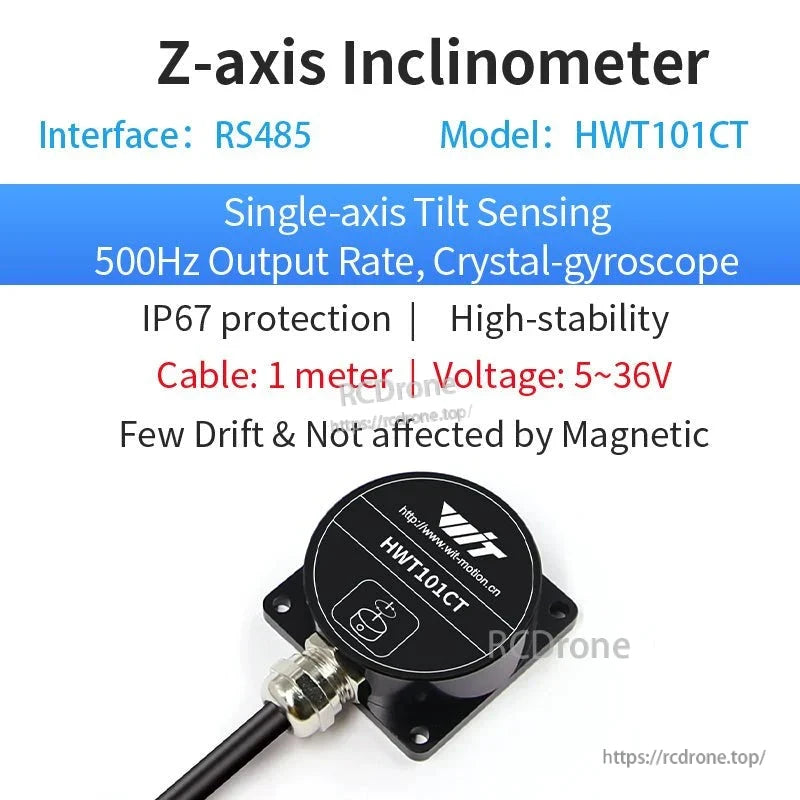 The HWT101CT Z-axis inclinometer offers high-precision tilt sensing with 0.1° accuracy, 500Hz output, RS485 interface, IP67 protection, and immunity to magnetic interference for reliable performance in demanding applications.