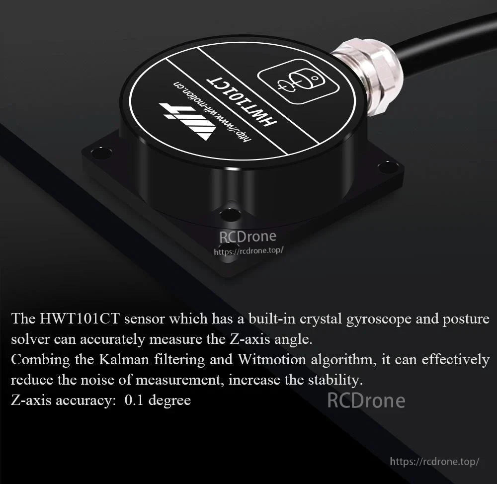The HWT101CT inclinometer uses crystal gyroscope, Kalman filtering, and Witmotion algorithm for accurate Z-axis angle measurement with 0.1° precision.