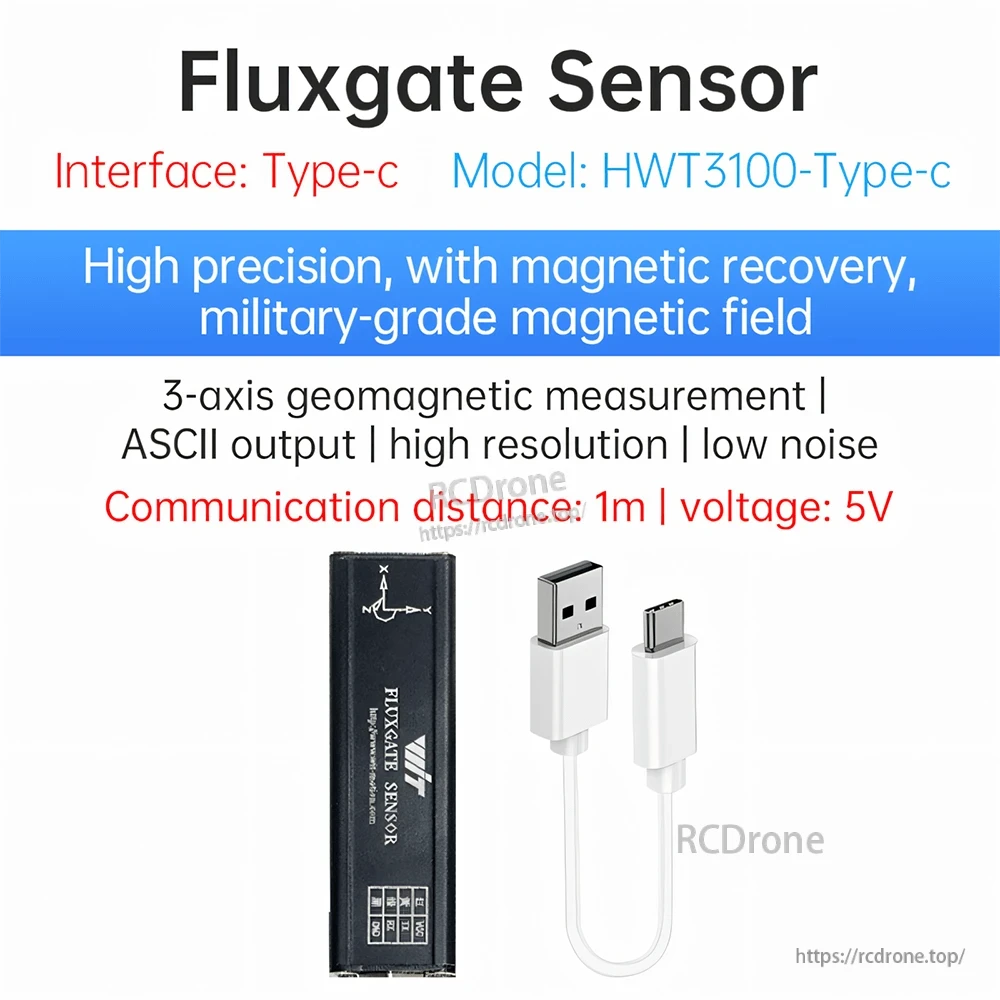 Fluxgate sensor interface Type-C graphic for model HWT3100-Type-c with USB cable illustration