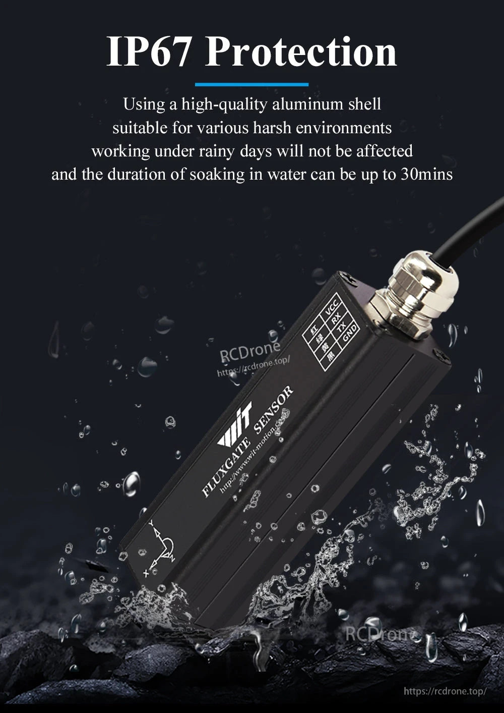 IP67 protection graphic showing HWT3100 fluxgate sensor splashing in water with metal cable gland