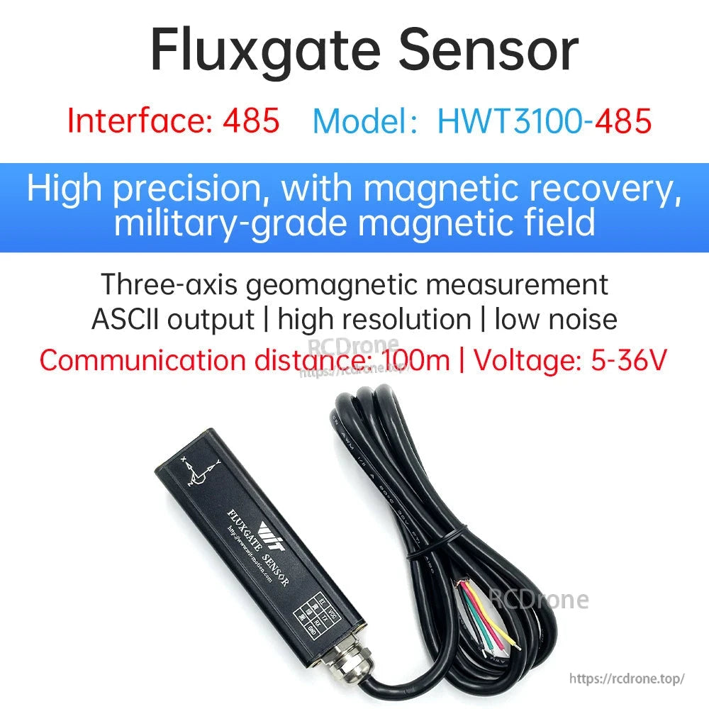 Fluxgate sensor interface 485 graphic for model HWT3100-485 with key specs and product photo