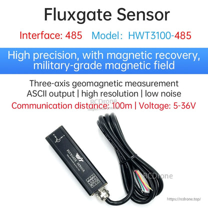 Fluxgate sensor interface 485 graphic for model HWT3100-485 with key specs and product photo