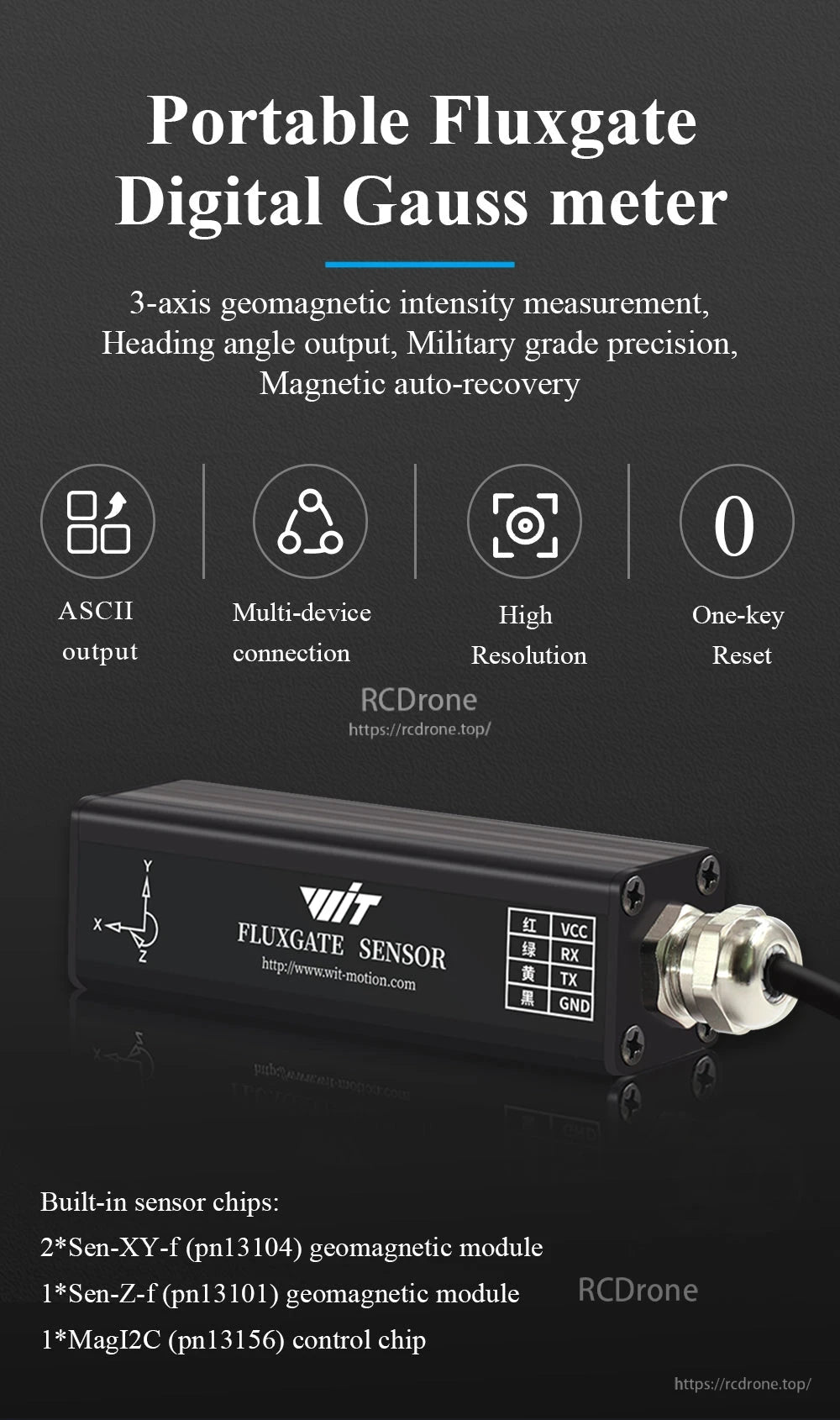 Portable fluxgate digital gauss meter feature graphic with sensor and VCC/RX/TX/GND pin labels