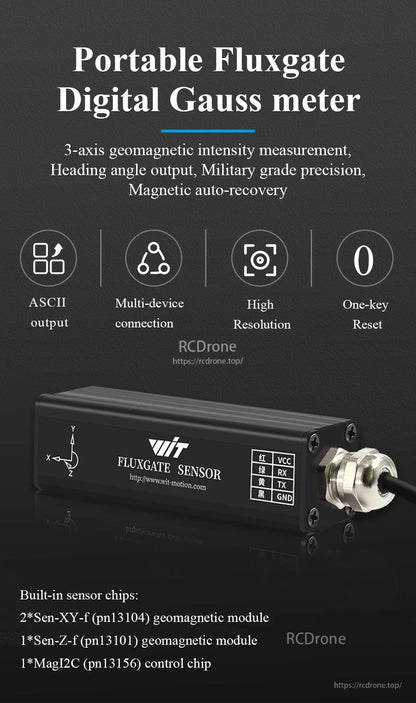 Portable fluxgate digital gauss meter feature graphic with sensor and VCC/RX/TX/GND pin labels
