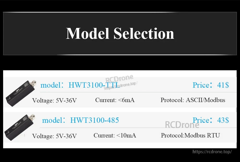 HWT3100 model selection chart comparing HWT3100-TTL and HWT3100-485 price and protocol