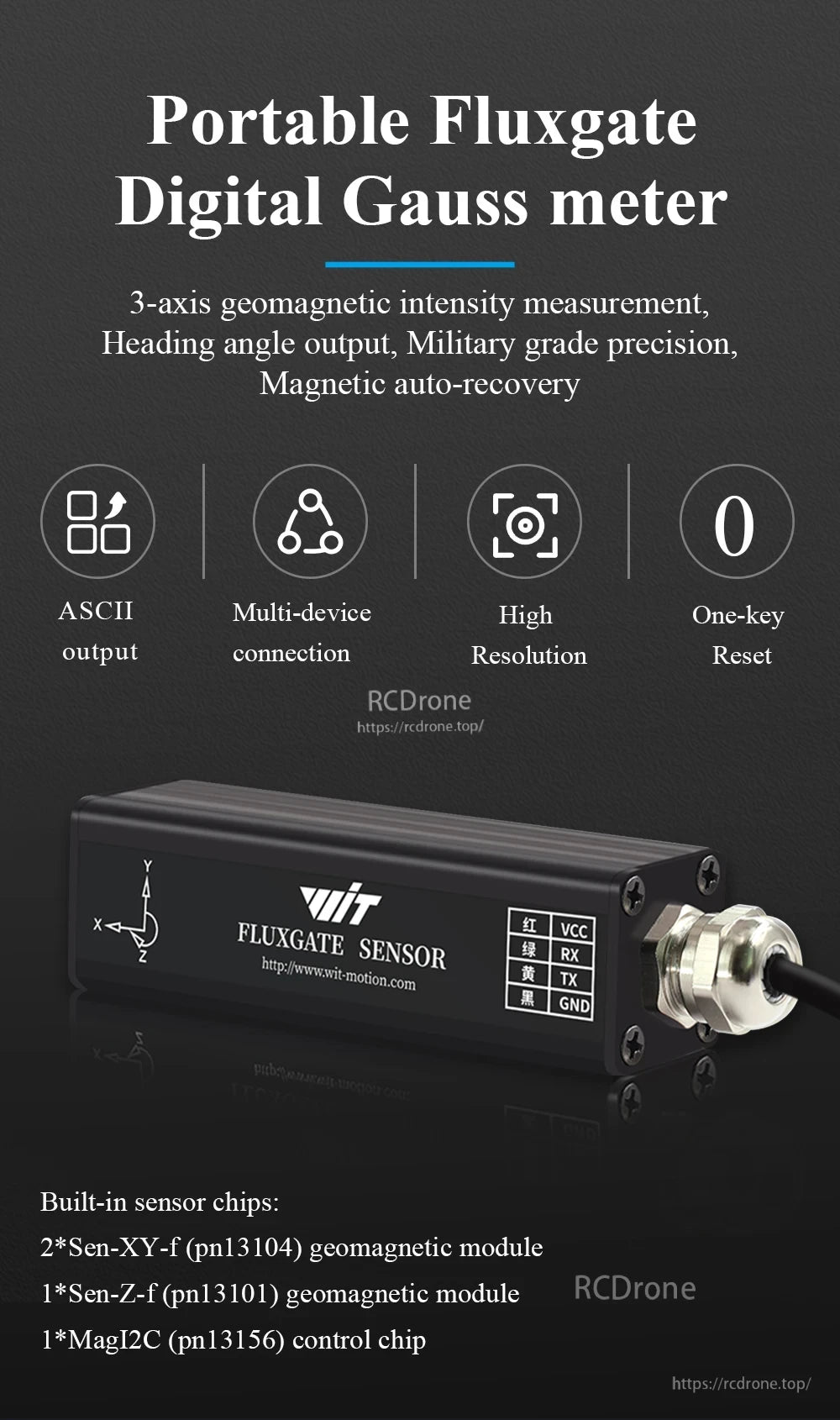 WitMotion HWT3100 fluxgate geomagnetic sensor with 3-axis magnetic field and heading angle output highlights