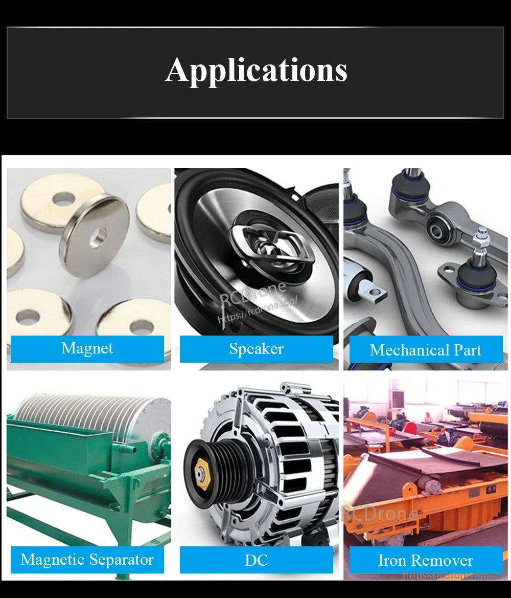 Applications collage showing magnets, speaker, mechanical parts, magnetic separator, DC motor, and iron remover