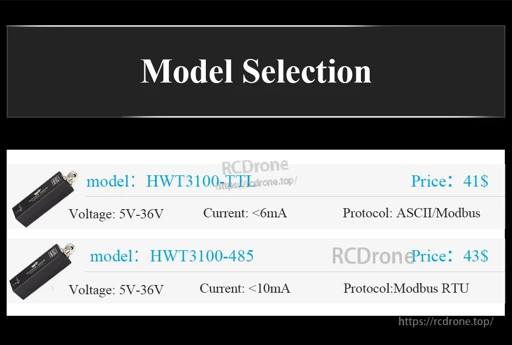 Model selection chart comparing HWT3100 TTL and HWT3100-485 RS485 versions with voltage, current, and protocol