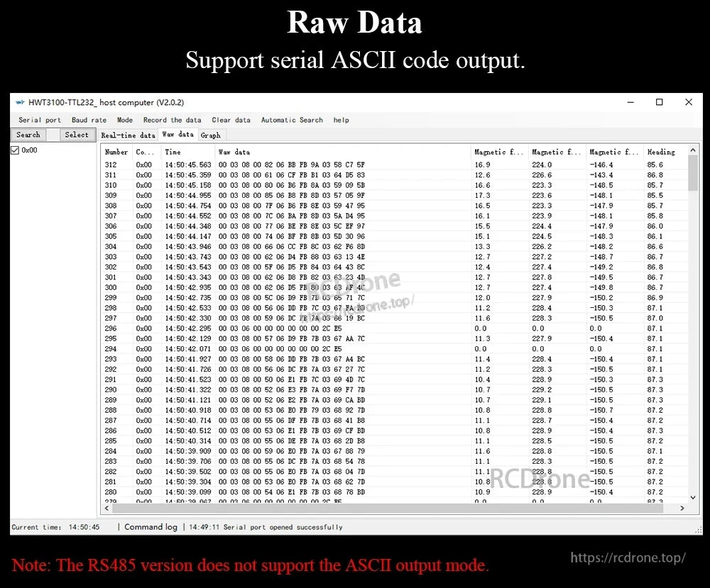 Raw data table screenshot showing serial ASCII output example and note that RS485 version does not support ASCII mode