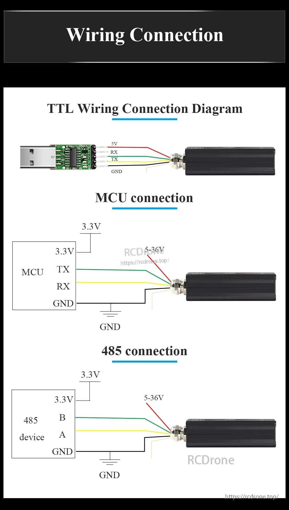Wiring connection diagrams for TTL, MCU UART, and RS485 interface showing VCC, GND, and signal line routing